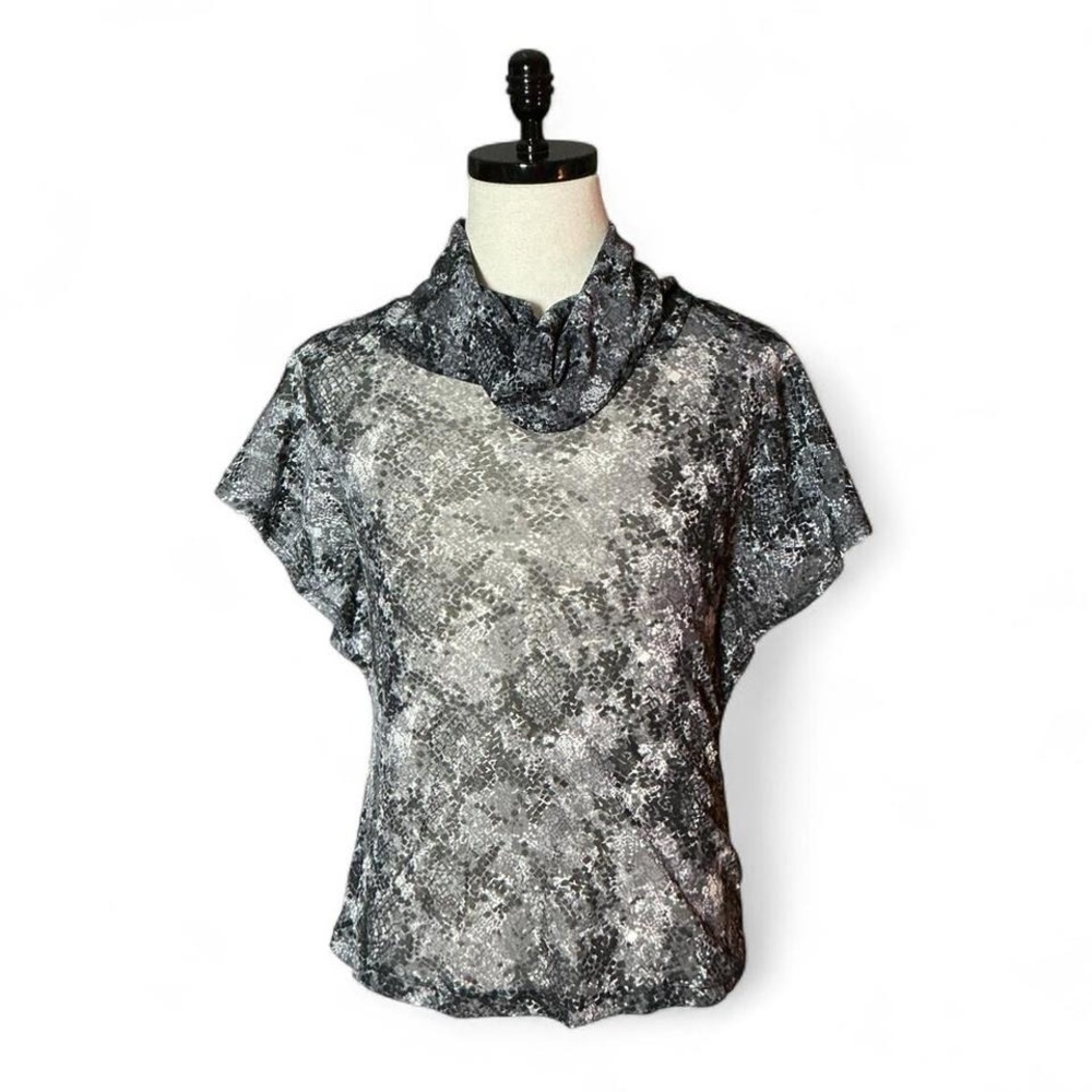 GRNV Women's Black Sheer Snake Print Cowl Neck Flutter Sleeve Top Grunge Goth